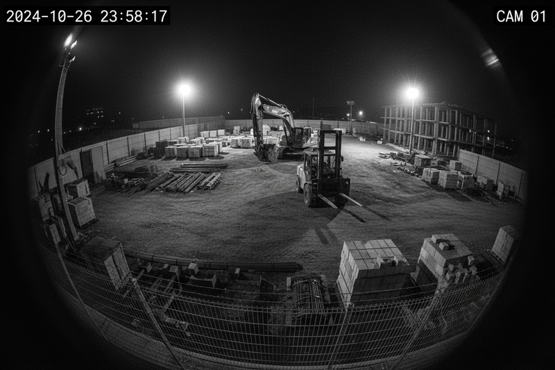 a construction yard through the lens of a security camera